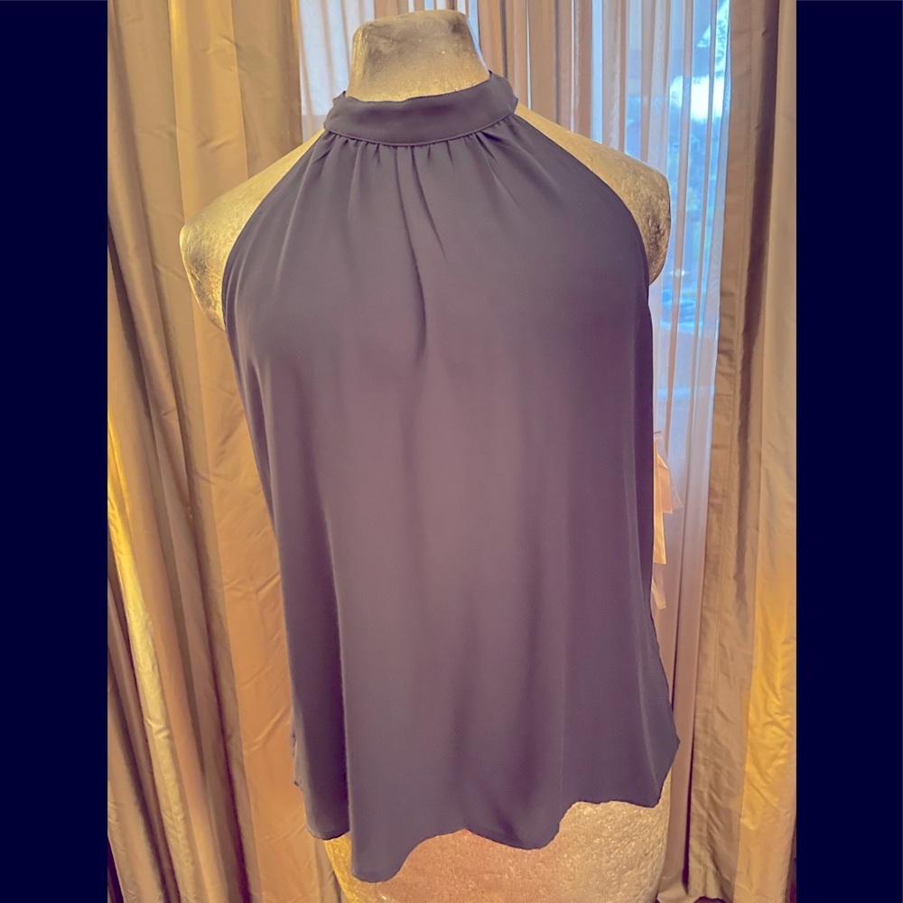 NWT Tacera  sheer navy blue sleeveless high neck pretty blouse blouse